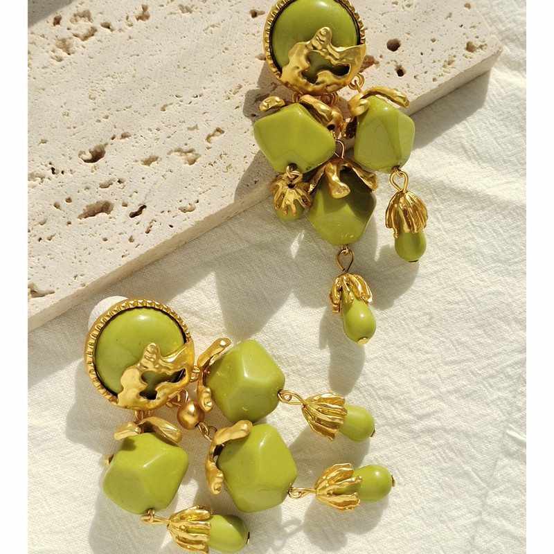 Vintage olívazöld gyanta hosszú bojt nagy, lelógó fülbevaló női női ékszer 2022 új matt arany színű eltúlzott