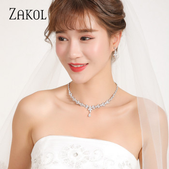 ZAKOL Zircons Brand Fashion White CZ Циркониеви листа Обеци Колие Комплект за жени Булчински сватби Бижута Фабрична цена