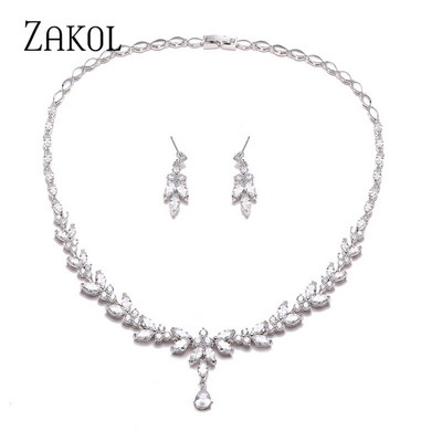 ZAKOL Zircons Brand Fashion White CZ Циркониеви листа Обеци Колие Комплект за жени Булчински сватби Бижута Фабрична цена
