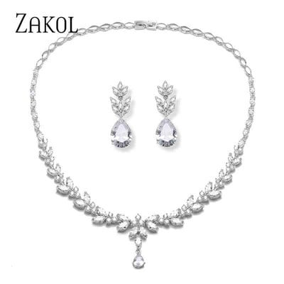 ZAKOL cirkonio prekės ženklo madingi balti CZ cirkonio lapų auskarai karolių rinkinys moterims Vestuvių papuošalų gamyklos kaina