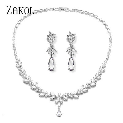 ZAKOL cirkonio prekės ženklo madingi balti CZ cirkonio lapų auskarai karolių rinkinys moterims Vestuvių papuošalų gamyklos kaina