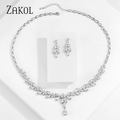 ZAKOL cirkonio prekės ženklo madingi balti CZ cirkonio lapų auskarai karolių rinkinys moterims Vestuvių papuošalų gamyklos kaina