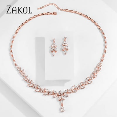 ZAKOL cirkonio prekės ženklo madingi balti CZ cirkonio lapų auskarai karolių rinkinys moterims Vestuvių papuošalų gamyklos kaina