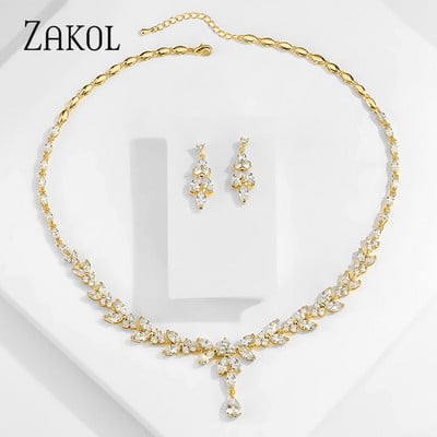 ZAKOL cirkonio prekės ženklo madingi balti CZ cirkonio lapų auskarai karolių rinkinys moterims Vestuvių papuošalų gamyklos kaina