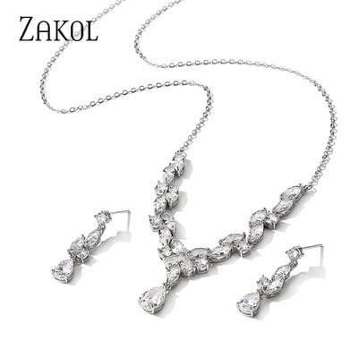 ZAKOL cirkonio prekės ženklo madingi balti CZ cirkonio lapų auskarai karolių rinkinys moterims Vestuvių papuošalų gamyklos kaina
