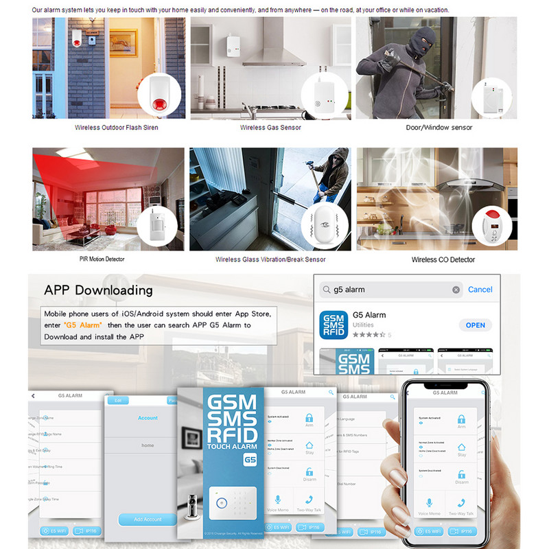 Smarsecur IOS Android APP Control Wireless Home Security GSM SIM kortelės signalizacijos sistemos dūmų detektorius