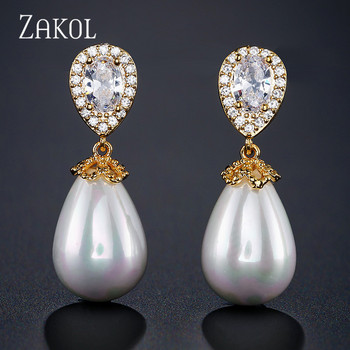 ZAKOL Талисман с цвят на розово злато имитация на перли и кубичен цирконий Капка вода Модни дамски обеци за парти сватба EP2014