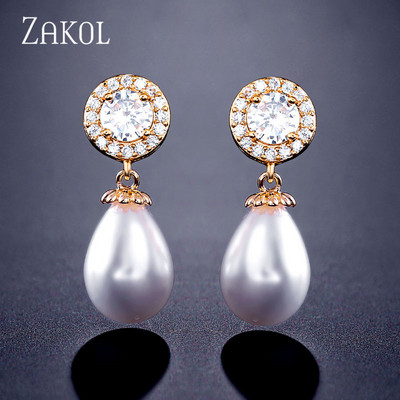 ZAKOL rožinio aukso spalvos žavesio perlų imitacija ir kubinis cirkonis vandens lašas, madingi moteriški auskarai vakarėlio vestuvėms EP2014