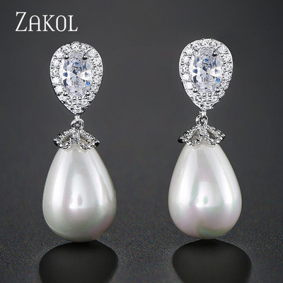 ZAKOL rožinio aukso spalvos žavesio perlų imitacija ir kubinis cirkonis vandens lašas, madingi moteriški auskarai vakarėlio vestuvėms EP2014