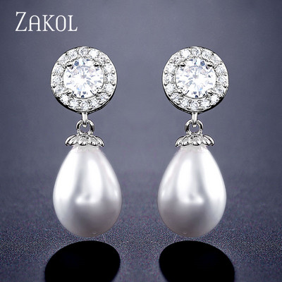 ZAKOL rožinio aukso spalvos žavesio perlų imitacija ir kubinis cirkonis vandens lašas, madingi moteriški auskarai vakarėlio vestuvėms EP2014