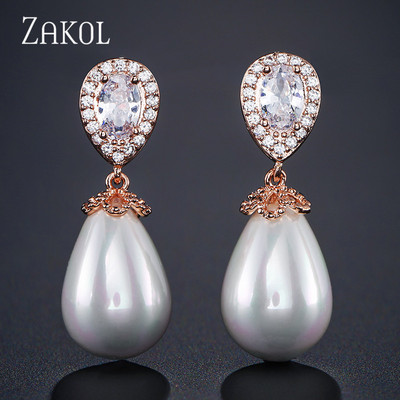 ZAKOL rožinio aukso spalvos žavesio perlų imitacija ir kubinis cirkonis vandens lašas, madingi moteriški auskarai vakarėlio vestuvėms EP2014