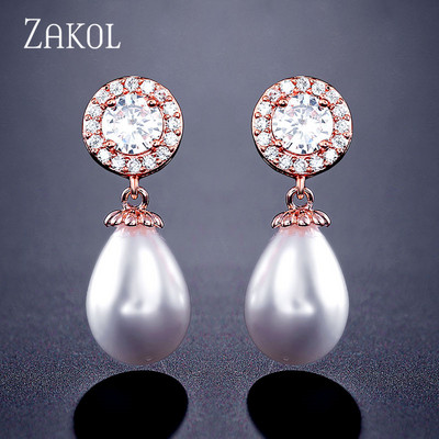 ZAKOL rožinio aukso spalvos žavesio perlų imitacija ir kubinis cirkonis vandens lašas, madingi moteriški auskarai vakarėlio vestuvėms EP2014