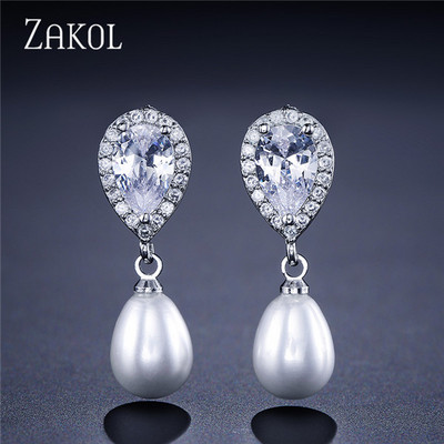 ZAKOL rožinio aukso spalvos žavesio perlų imitacija ir kubinis cirkonis vandens lašas, madingi moteriški auskarai vakarėlio vestuvėms EP2014