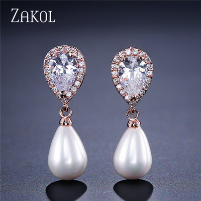 ZAKOL rožinio aukso spalvos žavesio perlų imitacija ir kubinis cirkonis vandens lašas, madingi moteriški auskarai vakarėlio vestuvėms EP2014
