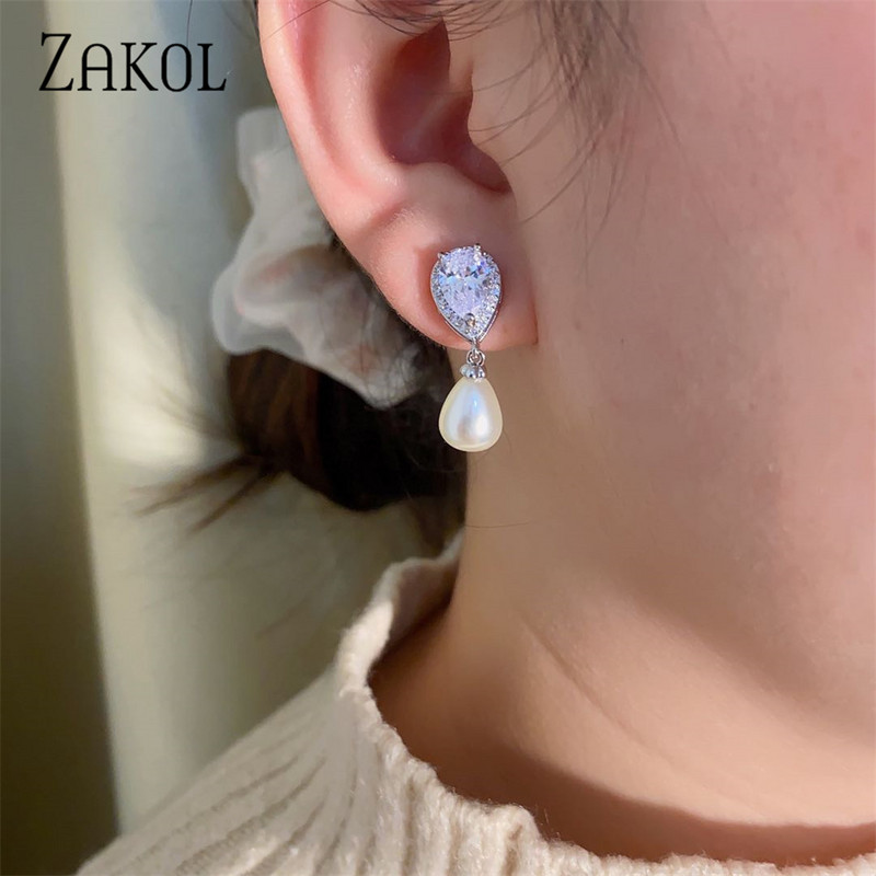 ZAKOL rožinio aukso spalvos žavesio perlų imitacija ir kubinis cirkonis vandens lašas, madingi moteriški auskarai vakarėlio vestuvėms EP2014