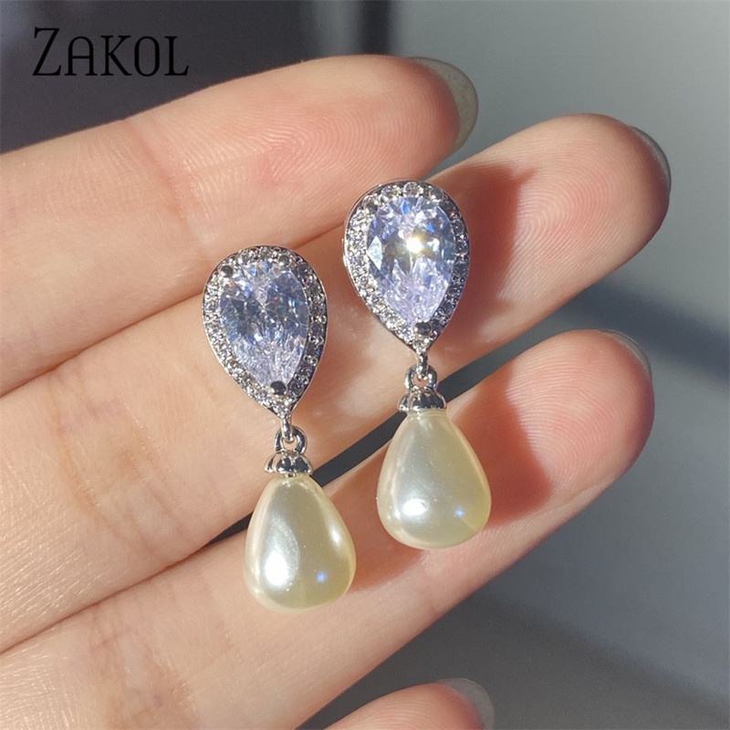 ZAKOL rožinio aukso spalvos žavesio perlų imitacija ir kubinis cirkonis vandens lašas, madingi moteriški auskarai vakarėlio vestuvėms EP2014