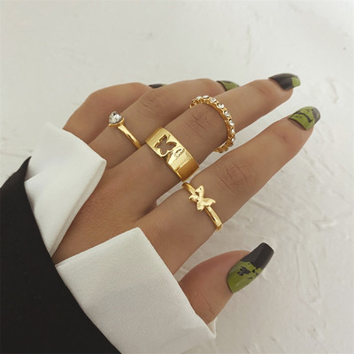 IPARAM Bohemian Geometric Hollw Out platus žiedų rinkinys, moteriškas senovinis drugelio žiedas, jungtinis žiedas Boho pirštų žiedai papuošalai