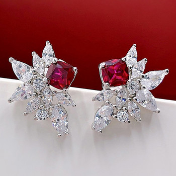 Луксозни брилянтни обеци Huitan CZ Stud Earrings Прекрасни червени обеци за булчинско сватбено тържество Изискан подарък за годишнина Нови дамски бижута