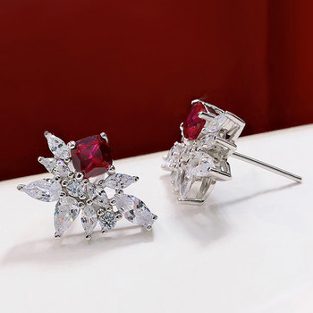 Луксозни брилянтни обеци Huitan CZ Stud Earrings Прекрасни червени обеци за булчинско сватбено тържество Изискан подарък за годишнина Нови дамски бижута