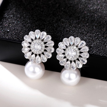 Huitan Булчински обеци с имитация на перли CZ Пълен Bling Iced Out Сребърен цвят Естетични дамски обеци с капки Горещи модни бижута