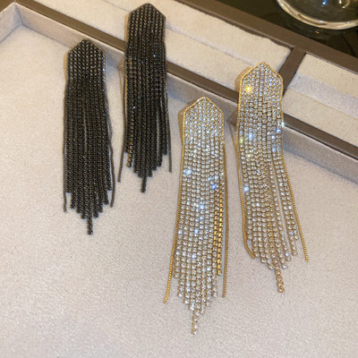 FYUAN Дамски обеци с дълги пискюли Висящи обеци със златен цвят, черен кристал, модни аксесоари за бижута