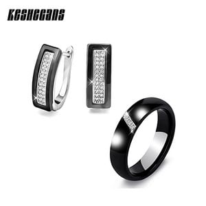 Madingi moterų auskarai žiedai keraminiai tendencijų papuošalų rinkinys Bling Crystal U Ben Slash Kalnų krištolinis auskarai Keraminiai žiedų rinkinys moterims