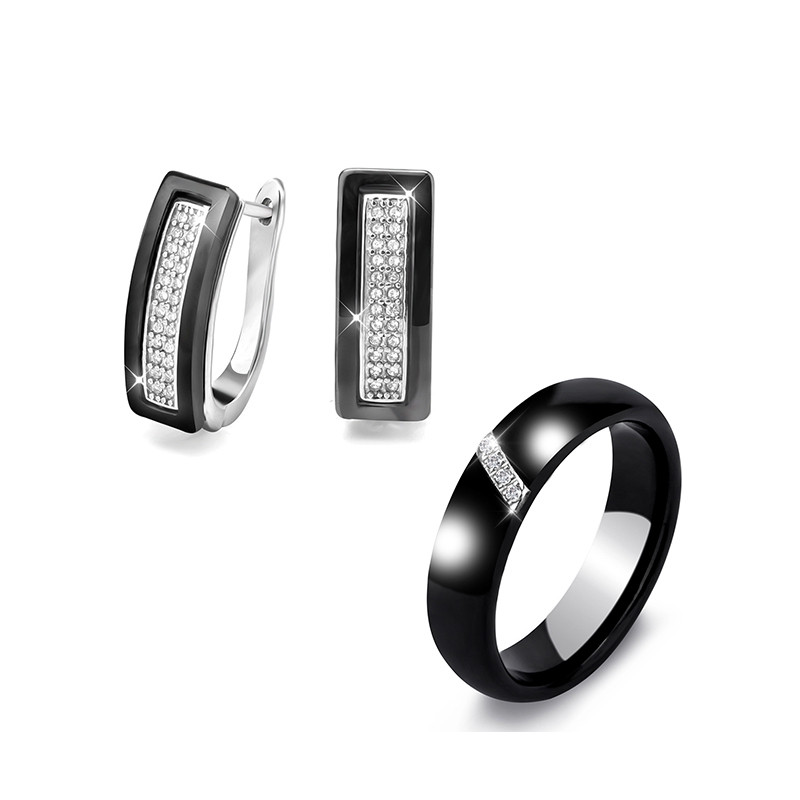 Madingi moterų auskarai žiedai keraminiai tendencijų papuošalų rinkinys Bling Crystal U Ben Slash Kalnų krištolinis auskarai Keraminiai žiedų rinkinys moterims