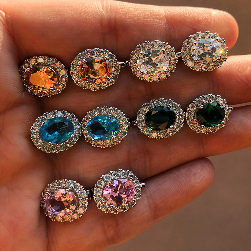 Mieli moteriški korėjiečių maži ovalūs auskarai baltai žaliai raudonai mėlynai cirkonio auskarai moterims, sidabro spalvos dvigubi auskarai