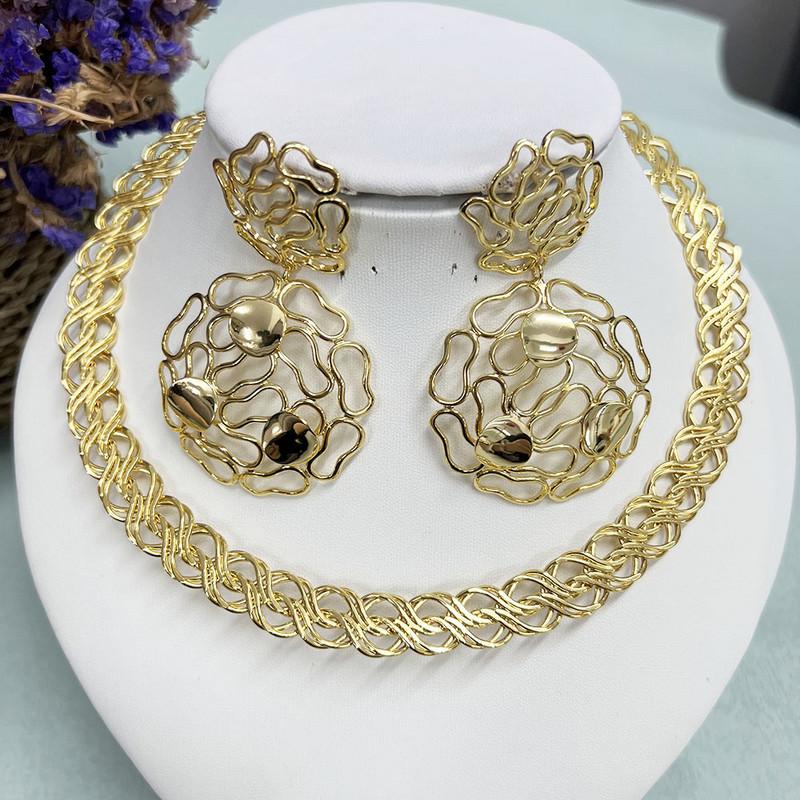 Ženski elegantni set ogrlica Dubai zlatne boje Set nakita Lisnate naušnice Ženski delikatni ovratnik Luksuzni set nakita za večeru