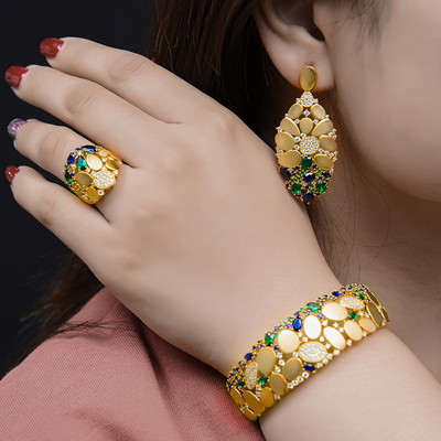 GODKI 2022 New Charms 3PC Narukvica Prsten Set Naušnica Za Žene Vjenčanje Nevjeste Kubični Cirkon Dubai PARTY VJENČANJE Nakit Poklon BOHO