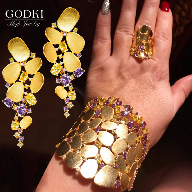 GODKI 2022 New Charms 3PC Narukvica Prsten Set Naušnica Za Žene Vjenčanje Nevjeste Kubični Cirkon Dubai PARTY VJENČANJE Nakit Poklon BOHO