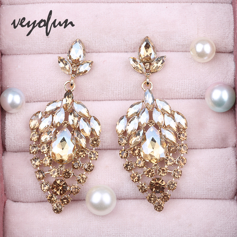 Veyofun луксозни висящи обеци със кристали 6 цвята Хипербола Капкови обеци Модни бижута за жени
