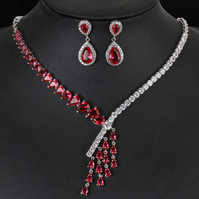 AMC prabangus/madingas raudonų karolių ir auskarų rinkinys AAA kubinio cirkonio papuošalų rinkinys moterims vestuvinių papuošalų rinkinys, dovana žmonai/moteriai