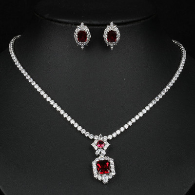 AMC prabangus/madingas raudonų karolių ir auskarų rinkinys AAA kubinio cirkonio papuošalų rinkinys moterims vestuvinių papuošalų rinkinys, dovana žmonai/moteriai