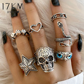 17KM 7Pcs Skull Owl Snake Rings Set Gothic Vintage Punk Rings for Women Silver Plated Rings Black Dice Rose Charm Finger Jewelry