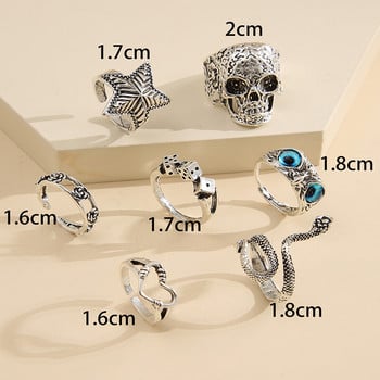 17KM 7Pcs Skull Owl Snake Rings Set Gothic Vintage Punk Rings for Women Silver Plated Rings Black Dice Rose Charm Finger Jewelry