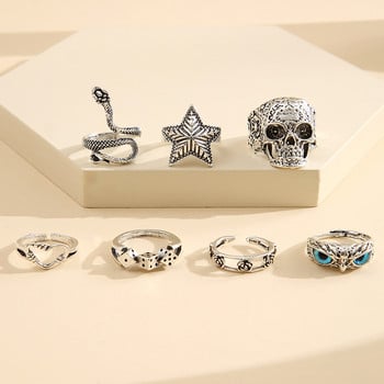 17 KM 7 τμχ Skull Owl Snake Rings Σετ Gothic Vintage Punk Δαχτυλίδια Γυναικεία Επιχρυσωμένα Δαχτυλίδι Μαύρα Ζάρια Τριαντάφυλλο Γούρι με δάχτυλα