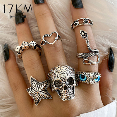 17KM 7Pcs Skull Owl Snake Rings Set Gothic Vintage Punk Rings for Women Silver Plated Rings Black Dice Rose Charm Finger Jewelry