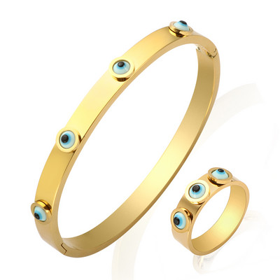 Нов модерен комплект бижута Lucky Blue Eyes за жени, мъже, златен цвят, маншет, гривна, гривна, чар, пръстен, пръстен, парти, бижута, подарък