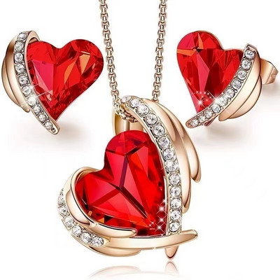 Madingi kampiniai sparnai Rožiniai Meilė Širdies pakabukas Kaklo papuošalai Auskarai Prabangūs Kristalai Papuošalų rinkiniai Moterims Valentino dienos dovana