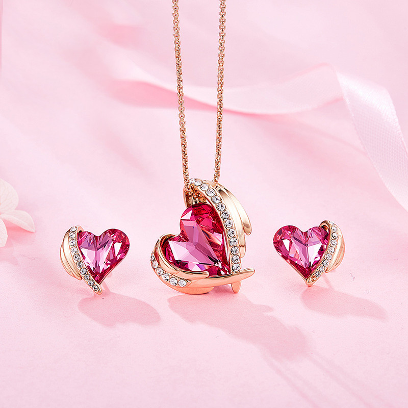 Madingi kampiniai sparnai Rožiniai Meilė Širdies pakabukas Kaklo papuošalai Auskarai Prabangūs Kristalai Papuošalų rinkiniai Moterims Valentino dienos dovana