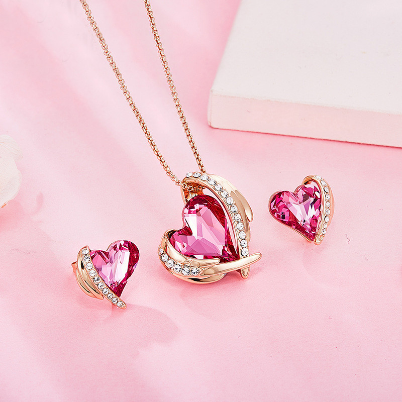Madingi kampiniai sparnai Rožiniai Meilė Širdies pakabukas Kaklo papuošalai Auskarai Prabangūs Kristalai Papuošalų rinkiniai Moterims Valentino dienos dovana