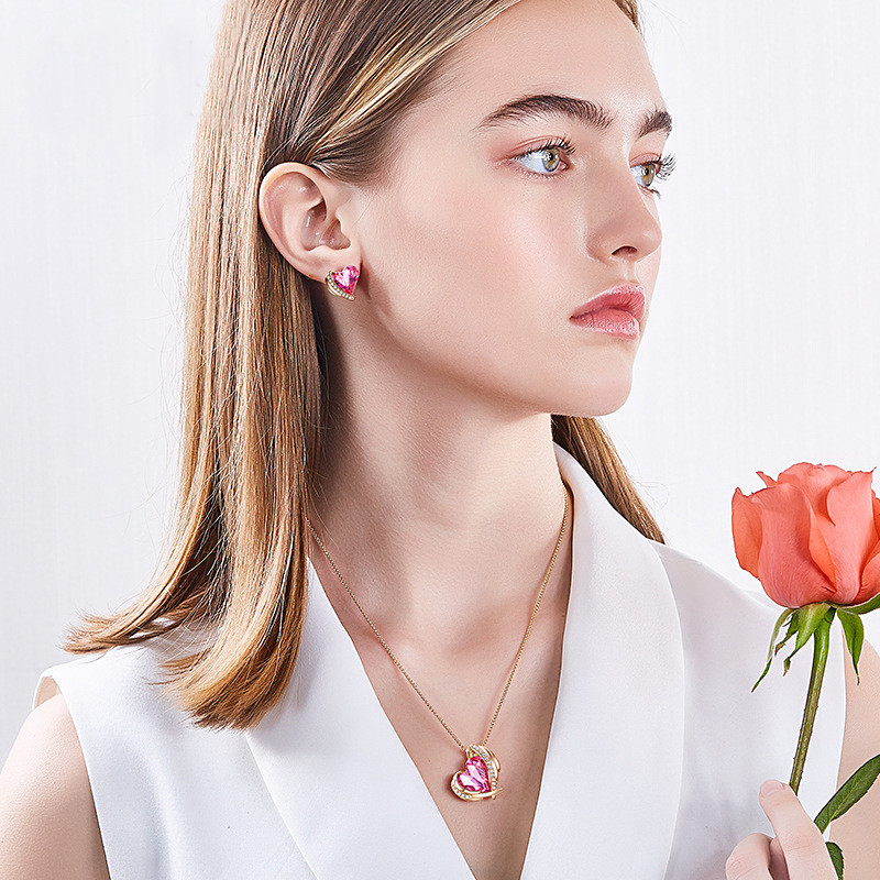 Madingi kampiniai sparnai Rožiniai Meilė Širdies pakabukas Kaklo papuošalai Auskarai Prabangūs Kristalai Papuošalų rinkiniai Moterims Valentino dienos dovana