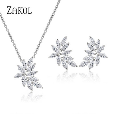 ZAKOL, ocazional, cercei cu frunze de zirconiu cubic, colier, set de bijuterii pentru femei, cină de nuntă, accesorii pentru cadou de aniversare