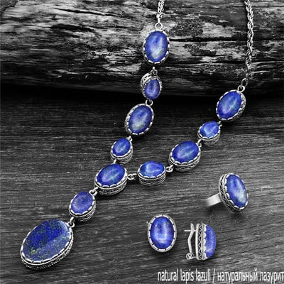 Senoviniai natūralūs Lapis Lazuli karoliai, žiedai, auskarai