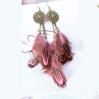 2020 m. Moteriški perdėtai rožiniai žali auskarai su plunksnomis Bohemiški retro etniniai ilgi kutai, apvalūs raižyti metaliniai kabantys auskarai