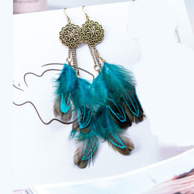 2020 m. Moteriški perdėtai rožiniai žali auskarai su plunksnomis Bohemiški retro etniniai ilgi kutai, apvalūs raižyti metaliniai kabantys auskarai