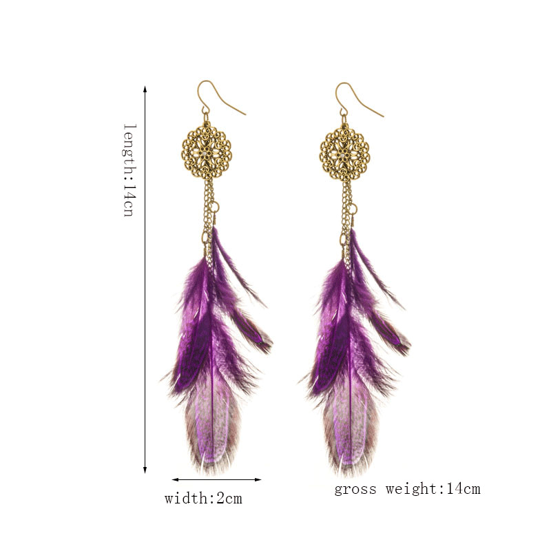 2020 m. Moteriški perdėtai rožiniai žali auskarai su plunksnomis Bohemiški retro etniniai ilgi kutai, apvalūs raižyti metaliniai kabantys auskarai