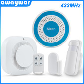 Awaywar 433MHz belaidė apsauga nuo įsilaužimo signalizacijos sistemos strobacinės sirenos rinkinys PIR judesio / durų jutiklio gaisro dūmų detektorius išmaniesiems namams