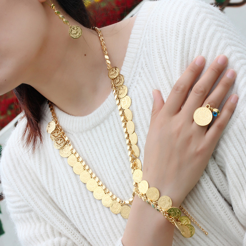 Luxus szett nyaklánc karkötő fülbevaló gyűrű érme lánc esküvői ékszer készlet nőknek Csúcskategóriás ajándékok